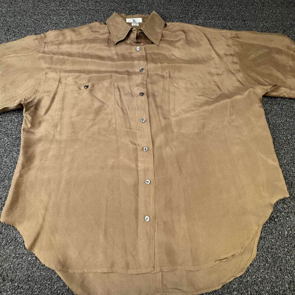 Express Shirt Mens L Brown Short Sleeve Button-Up Satin Silk Lightweight Pockets